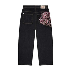 Cherry Blossom Embroidery Wide Leg Jeans
