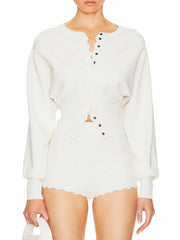 Two Piece O Neck Lantern Sleeve Cardigan And Shorts Set