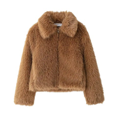 Brown Furry Turn Down Collar Long Sleeve Jacket