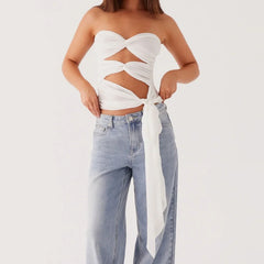 Edgy Strapless Cutout Crop Top - Contemporary Tie-Detail Bandeau