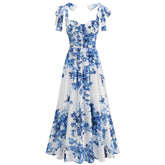 Floral Print Tie Up Buster Flare Mesh Midi Dress