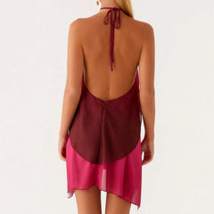 Red Gradient Halter Frill Wide Mini Dress