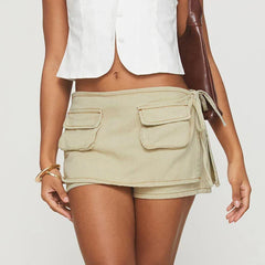 Wrap Pockets Low Waist Denim Mini Skirt