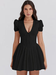 White V-neck Puff Sleeve Corset Mini Dress