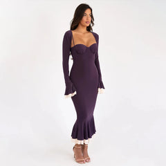 Solid Long Flared Two-piece Crop Sleeve Midi Dress