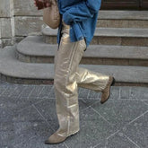 Metallic High Waist Denim Straight Leg Pants
