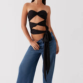 Edgy Strapless Cutout Crop Top - Contemporary Tie-Detail Bandeau