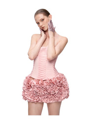 Pink Satin Corset And Frill 3d Flower Mini Dress