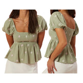 Puff Sleeve Flower Embroidered Smocked Square Neck Babydoll Top