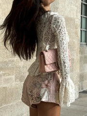 White Lace Frill Sheer Long Sleeve Corset Top