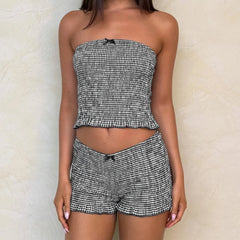 Black Plaid Smocked Tube Top & Shorts Set - Hot Sweet Style