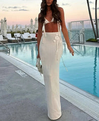 Flower White Knitted Bikini Top Low Waisted Wrap Long Skirt Set