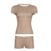 Brown Plaid Short Sleeve Top And Shorts Set