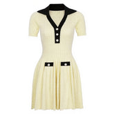 Contrast Trim Button Knit Collar Mini Dress
