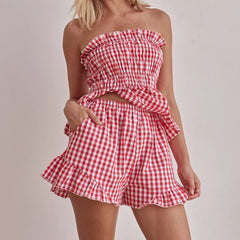 Red Plaid Smocked Babydoll Bandeau Top + Elastic Ruffled Hem Wide Leg Shorts Set