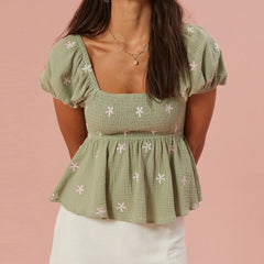 Puff Sleeve Flower Embroidered Smocked Square Neck Babydoll Top