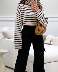 Turtleneck Striped Sweater & High Waist Overalls Two-Piece Set