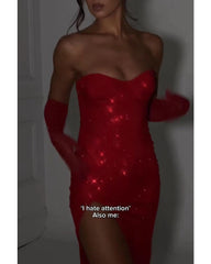 Sexy red strapless with irregular sleeves dress