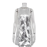 Bodycon Sliver Pu Leather O-Neck Sleeveless Mini Dresses