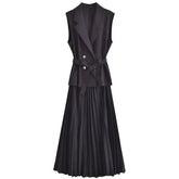 Classy Pleated Black Belted Office Work Dresses