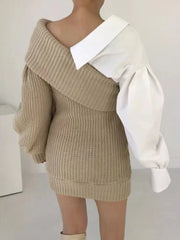 Contrast Shirt Lantern Sleeve Pullovers Sweater