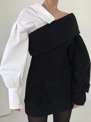 Contrast Shirt Lantern Sleeve Pullovers Sweater