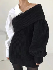 Contrast Shirt Lantern Sleeve Pullovers Sweater