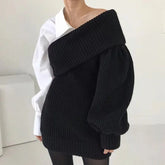 Contrast Shirt Lantern Sleeve Pullovers Sweater