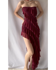 Wine Red Slit pleated strapless dress