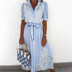 Elegant Embroidered Belted Lace-Up Dresses