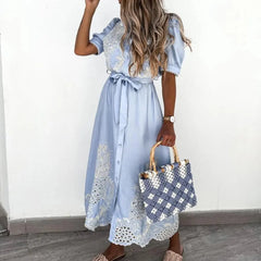 Elegant Embroidered Belted Lace-Up Dresses