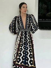 Elegant Floral Print Puff Sleeve Maxi Dress