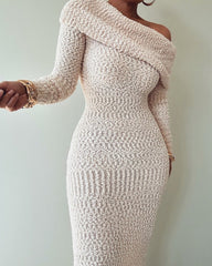 Winter sexy diagonal shoulder sweater dress