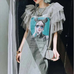 French Vintage Mesh Splicing Graphic T-shirt Dresses