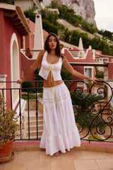 White Ruched Yellow Ribbon Crop Top And Maxi Skirt Set