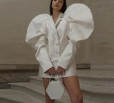 Loose Beige Satin Puff Sleeve Mini Jacket Dresses