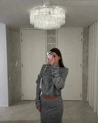 Solid Sweater Outfits Long Sleeve Tops+Half Skirt 2pc Set