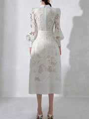 White Lace Puff Sleeve High Waist Slit Dress