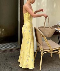 Yellow Print Spaghetti Strap Elegan Dress