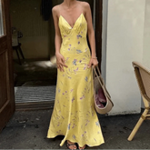 Yellow Print Spaghetti Strap Elegan Dress