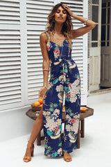 V Neck Strap Floral Print Wide Leg Jumpsuit