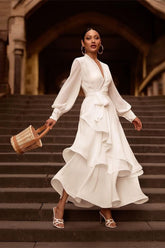V-Neck Ruffle Irregular Long Sleeve Dress