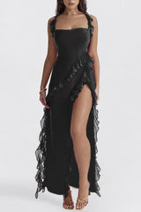 Mesh Frill High Split Backless Long Dress