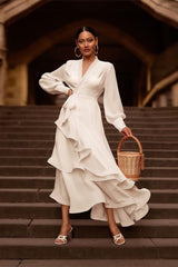 V-Neck Ruffle Irregular Long Sleeve Dress