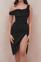 One-shoulder Paneled Irregular Slit Dress