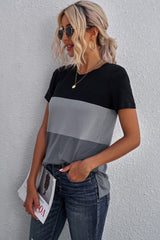 Color Block Side Slit Round Neck T-Shirt