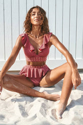Strawberry Deep V Frill Trim Embroidered Eyelets Bikini Top