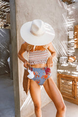 Floral Smocked Ruffle Trim Bandeau Bikini Top