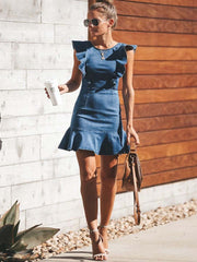 Vorioal O Neck Flouncing Denim Dress