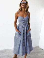 Vorioal Striped Button Pocket Dress